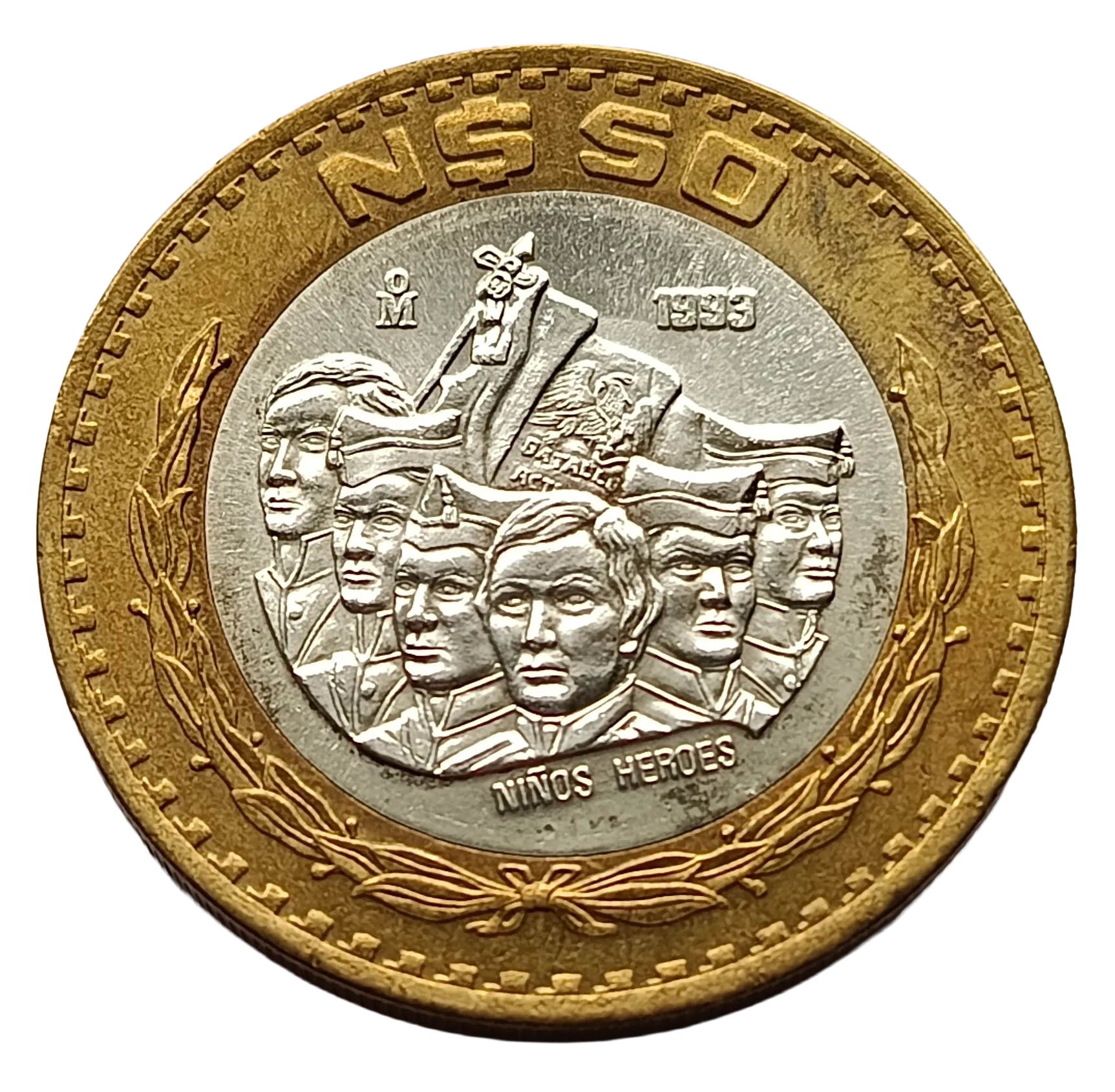 Moneda 50 Nuevos Pesos Niños Héroes - Centro de Plata- Año 1993 - Condición: Usada - Imagen 5