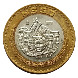 Moneda 50 Nuevos Pesos Niños Héroes - Centro de Plata- Año 1993 - Condición: Usada