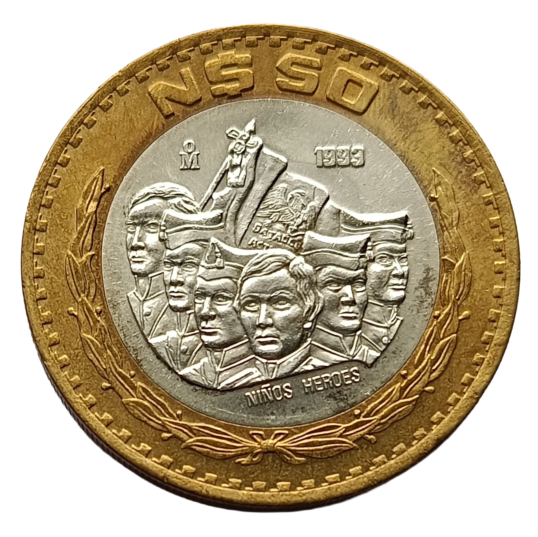 Moneda 50 Nuevos Pesos Niños Héroes - Centro de Plata- Año 1993 - Condición: Usada