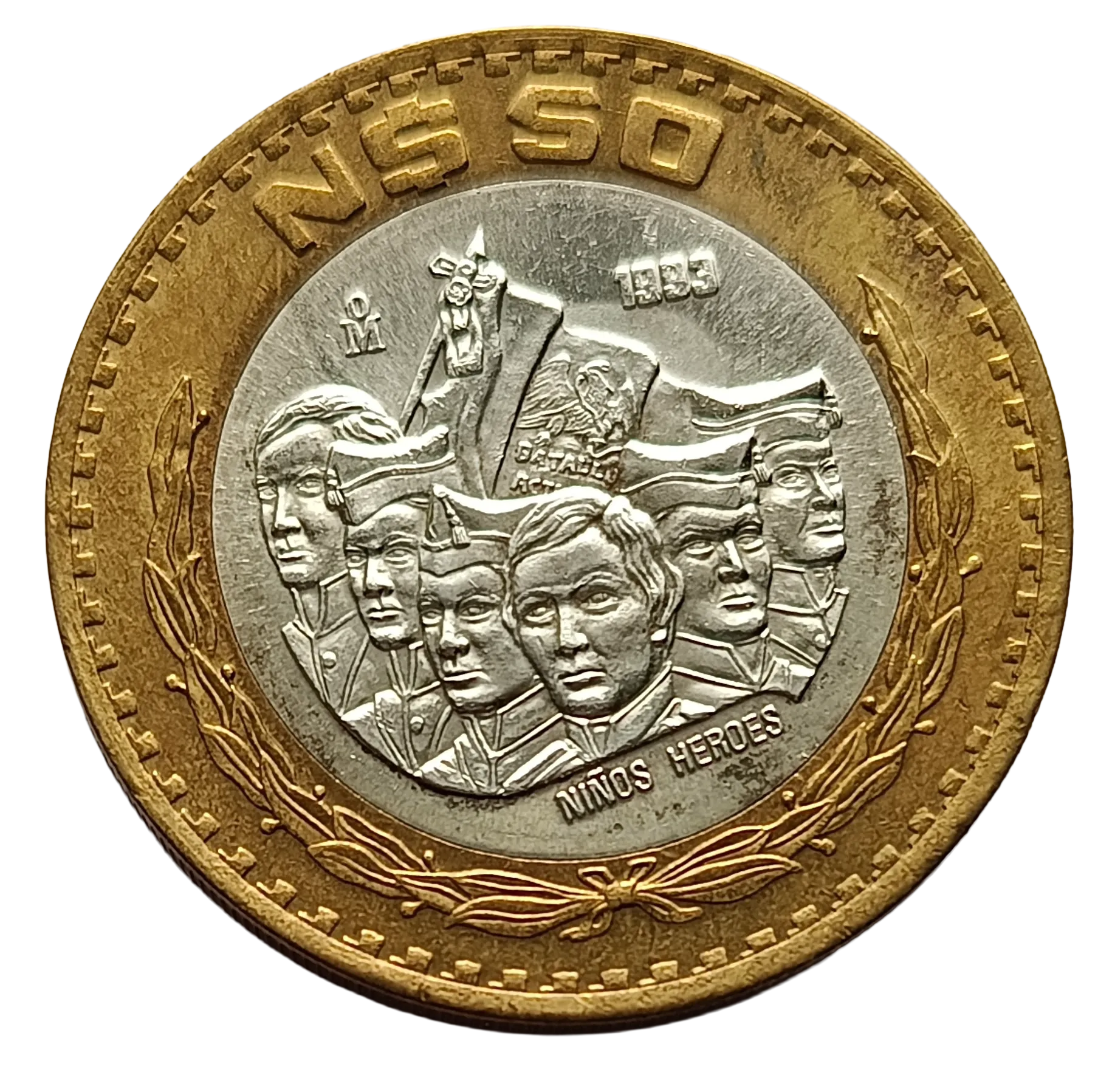 Moneda 50 Nuevos Pesos Niños Héroes - Centro de Plata- Año 1993 - Condición: Usada - Imagen 10