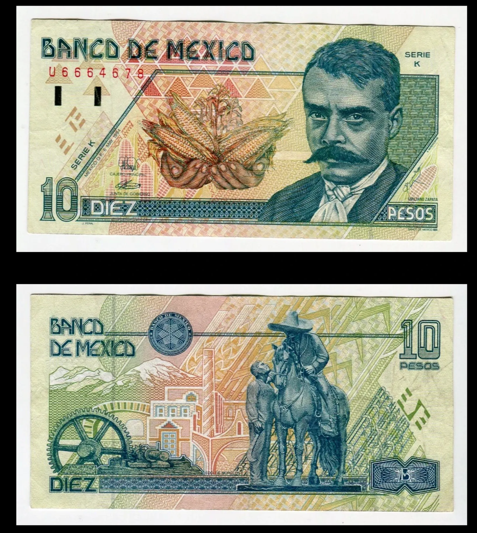 Billete 10 Pesos Emiliano Zapata -Condición: Usado - Grado: F (Fine)