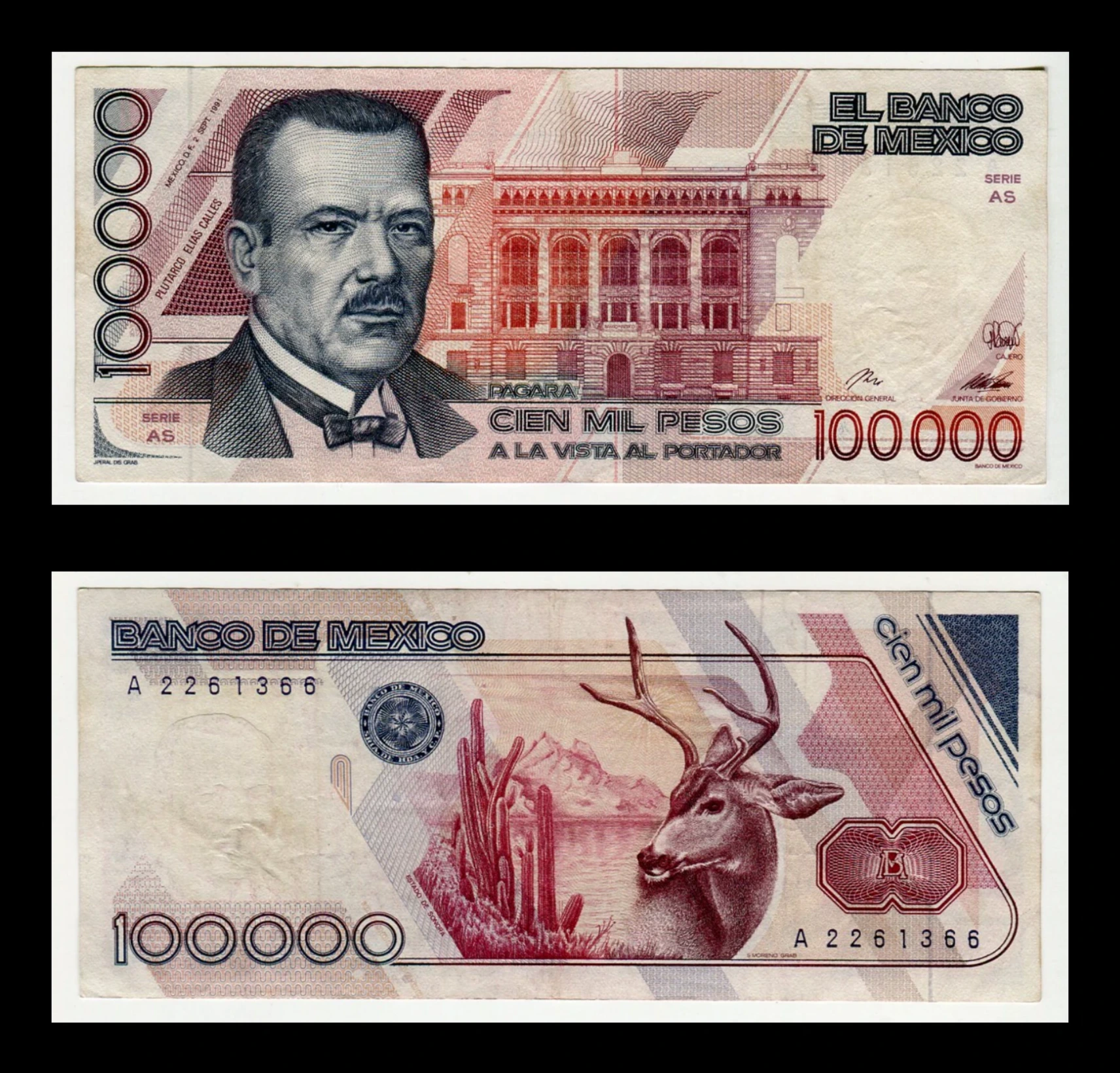 Billete 100,000 Pesos Plutarco Elías Calles - Condición: USADO - Grado: VF (Very Fine)