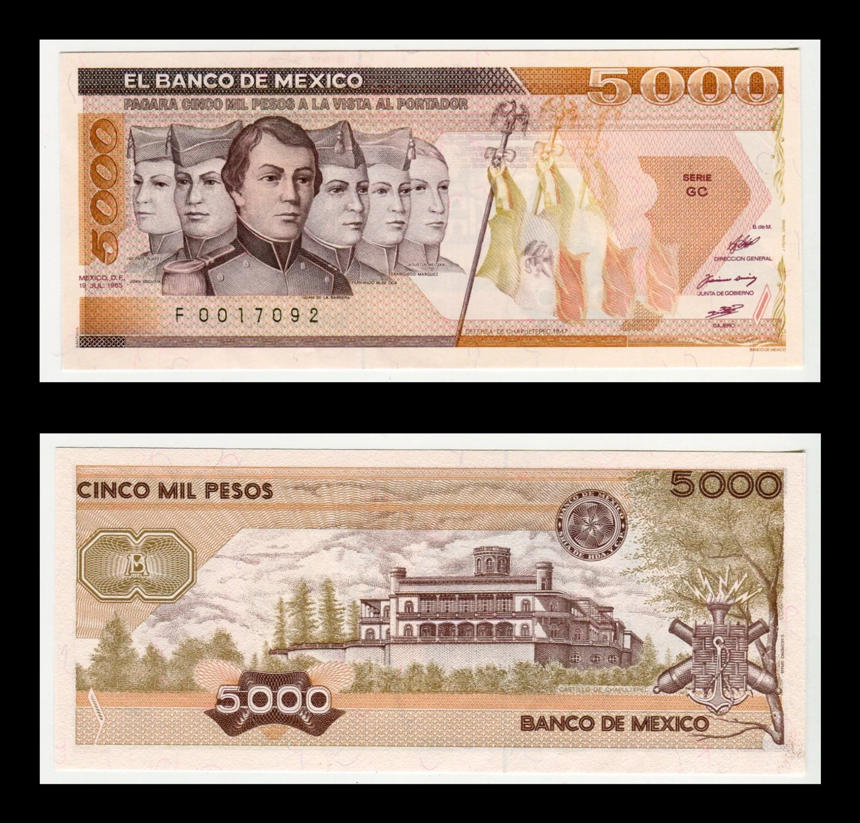 Billete 5000 Pesos Niños Héroes Año 1985 Condición: Nuevo - Grado: UNC (Sin Circular)