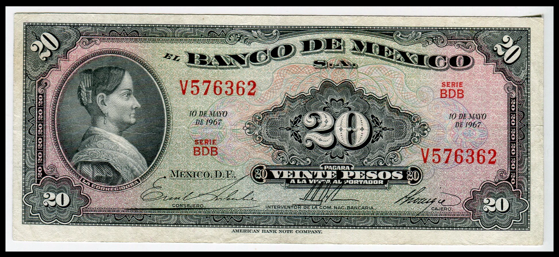 Billete 20 Pesos "La Corregidora" 1967 - Condición: Usado Grado: VF (Very fine) - Imagen 2