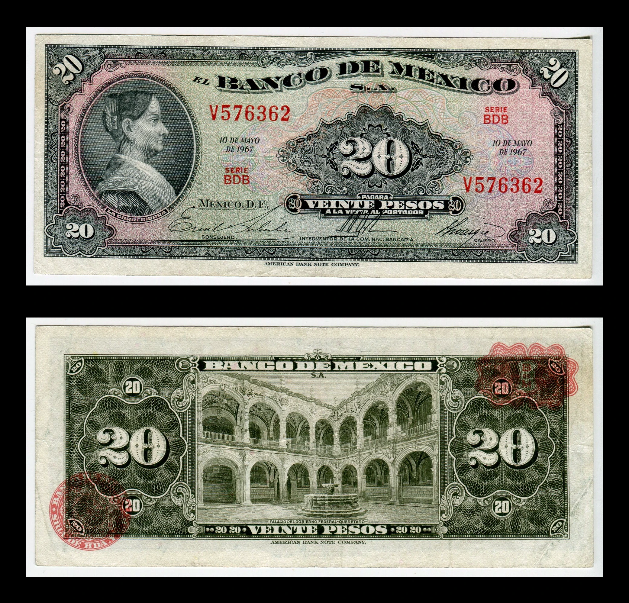 Billete 20 Pesos "La Corregidora" 1967 - Condición: Usado Grado: VF (Very fine)